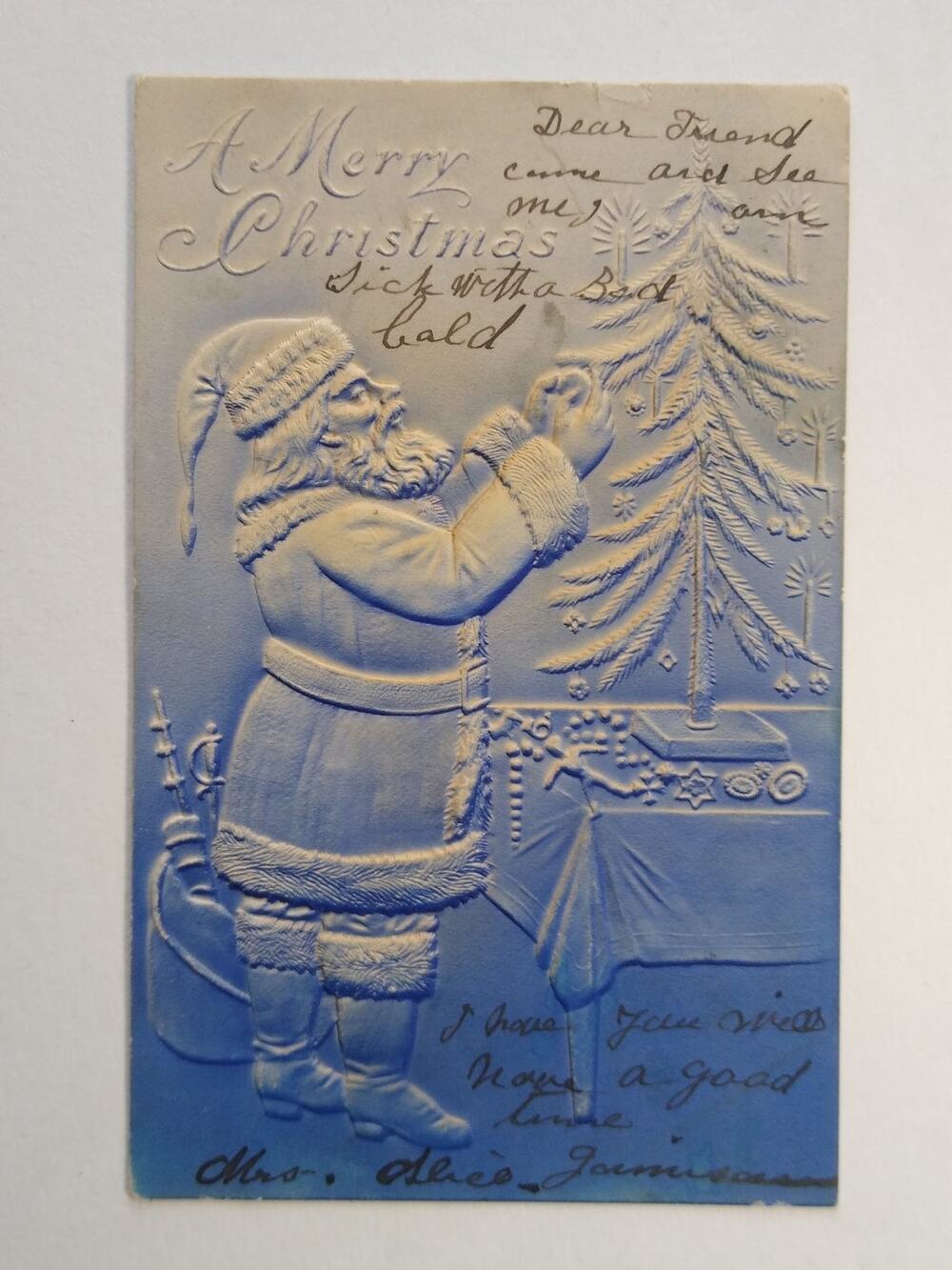 Vintage Embossed Santa Claus Decorating Christmas Tree Postcard 1912 Airbrushed